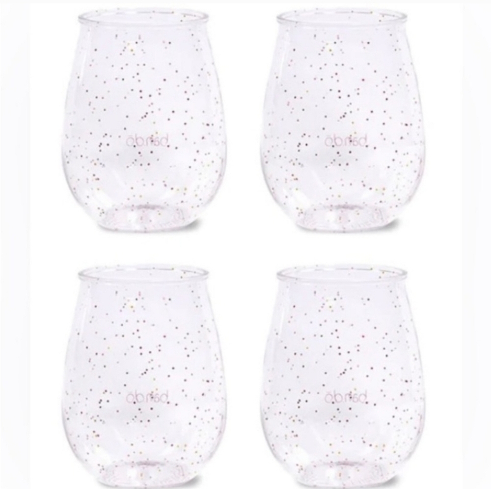 Ban.do NIB Set of Four Clear Pink Glitter Infused Acrylic Stemless Wine Glasses - Picture 2 of 10